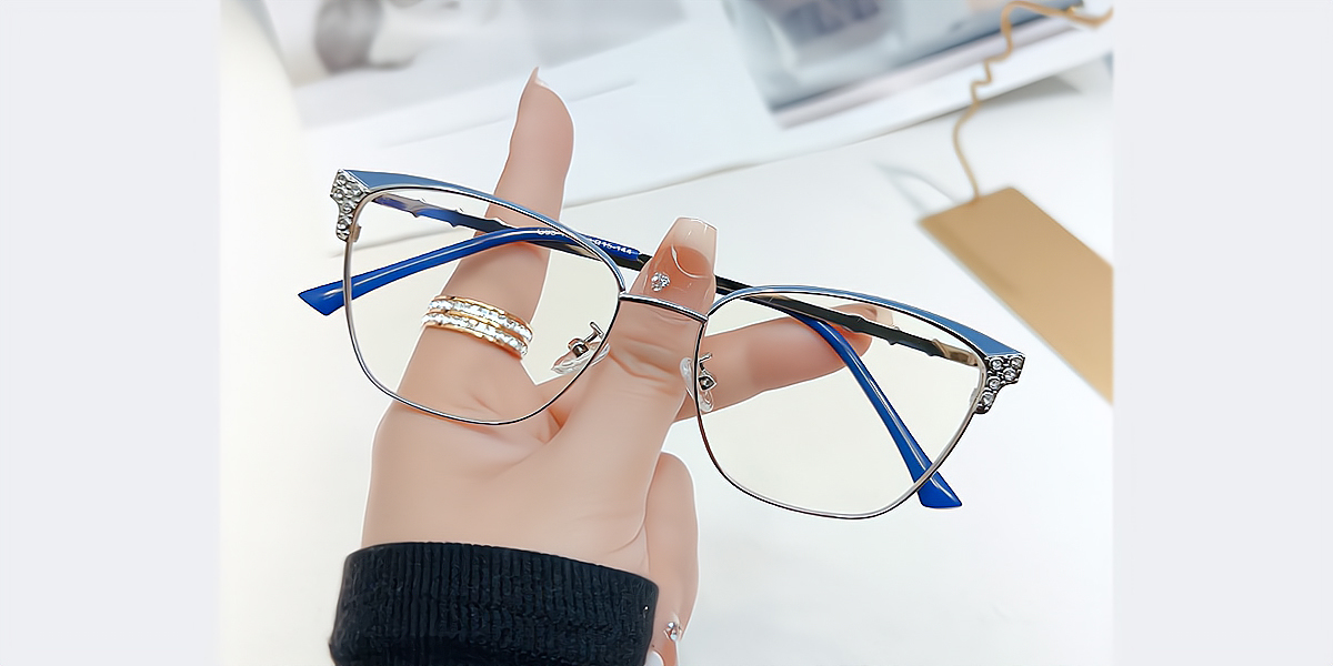 Blue Cat Eye Ornate Detailed Metal Eyeglasses