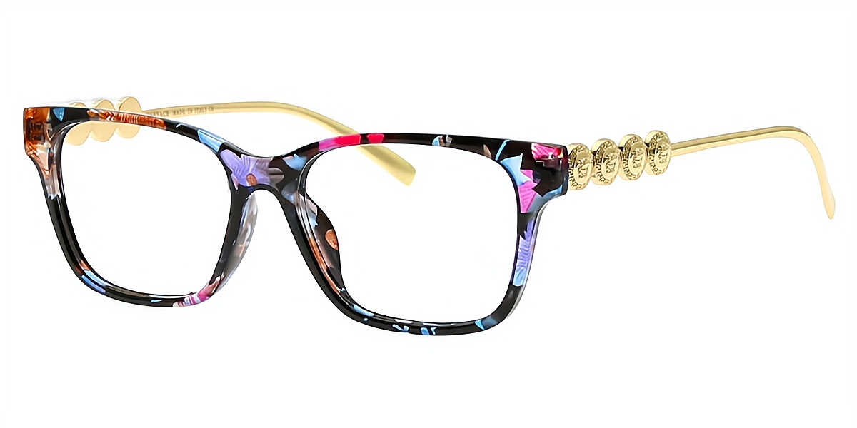 Floral Rectangle Classic Horn Mixed Materials Eyeglasses