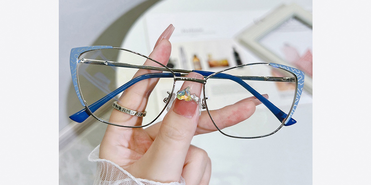 Blue Silver Cat Eye Exquisite Metal Eyeglasses