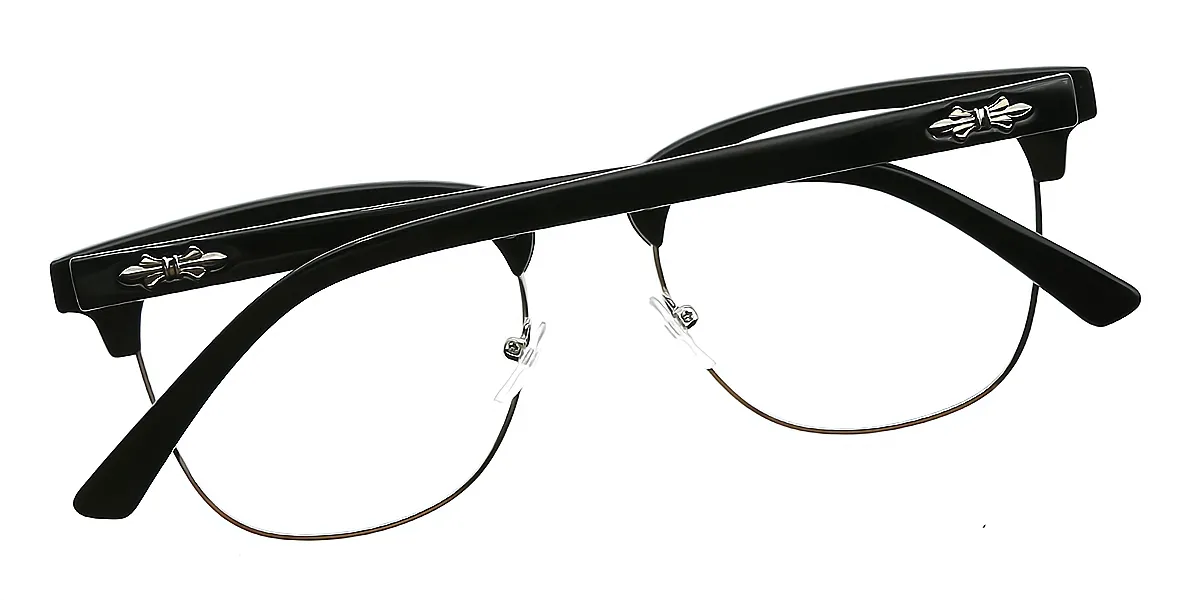 Black Silver Oval Classic Elaborate Mixed Materials Eyeglasses