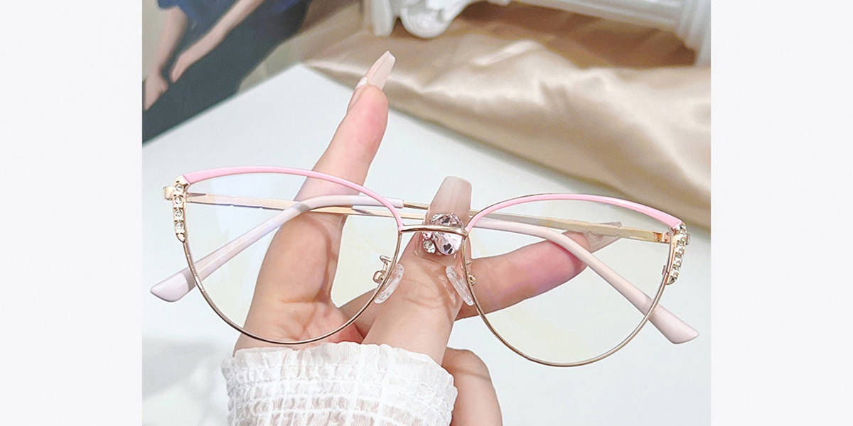 Pink Golden Cat Eye Elaborate Metal Eyeglasses