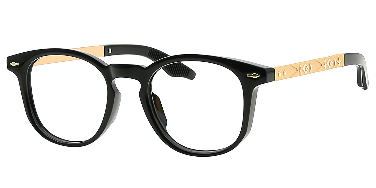Black Oval Retro Mixed Materials Eyeglasses
