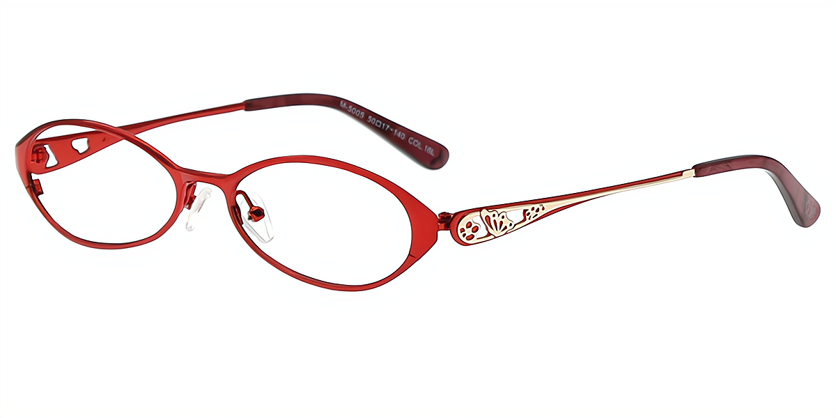 Red Oval Retro Detailed Metal Eyeglasses