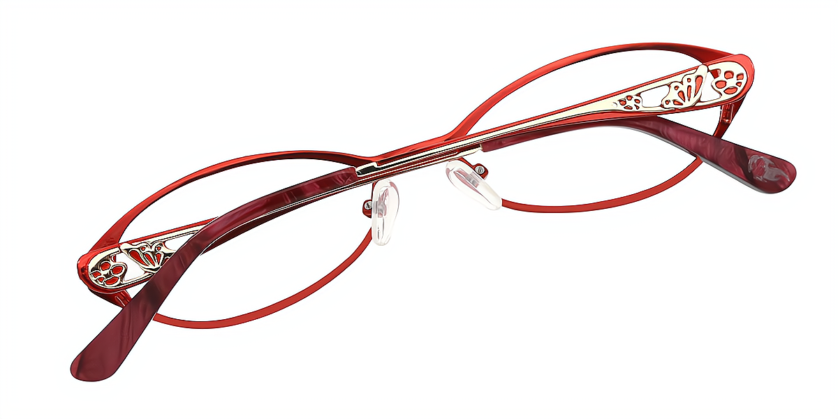 Red Oval Retro Detailed Metal Eyeglasses