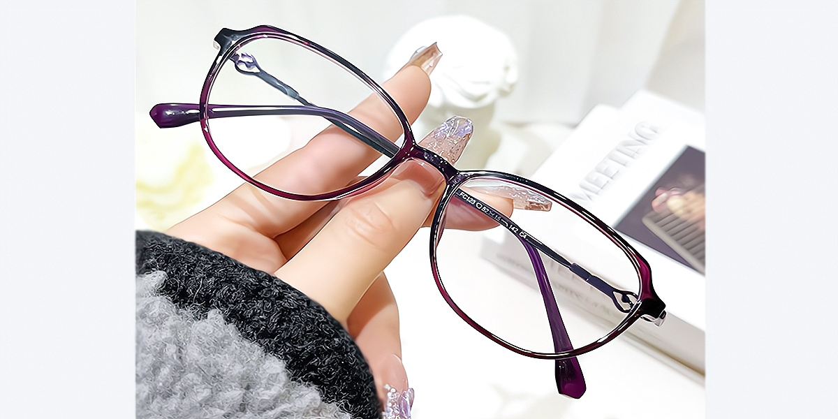 Purple Oval Elaborate Horn Mixed Materials Eyeglasses