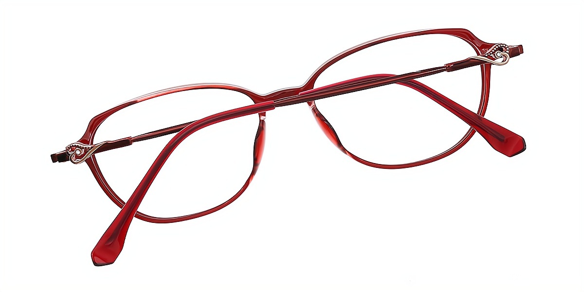 Red Oval Elaborate Horn Mixed Materials Eyeglasses