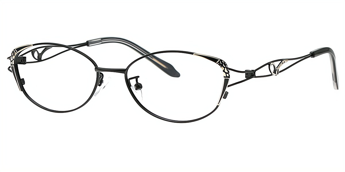 Black Oval Ornate Metal Eyeglasses