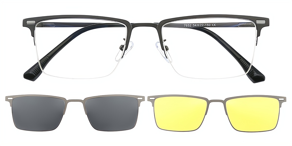 Gray Rectangle Classic Sun-clip Metal Eyeglasses