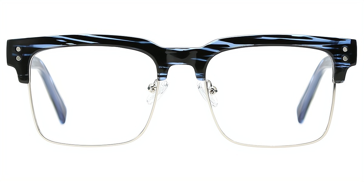 Blue Browline Retro Mixed Materials Eyeglasses