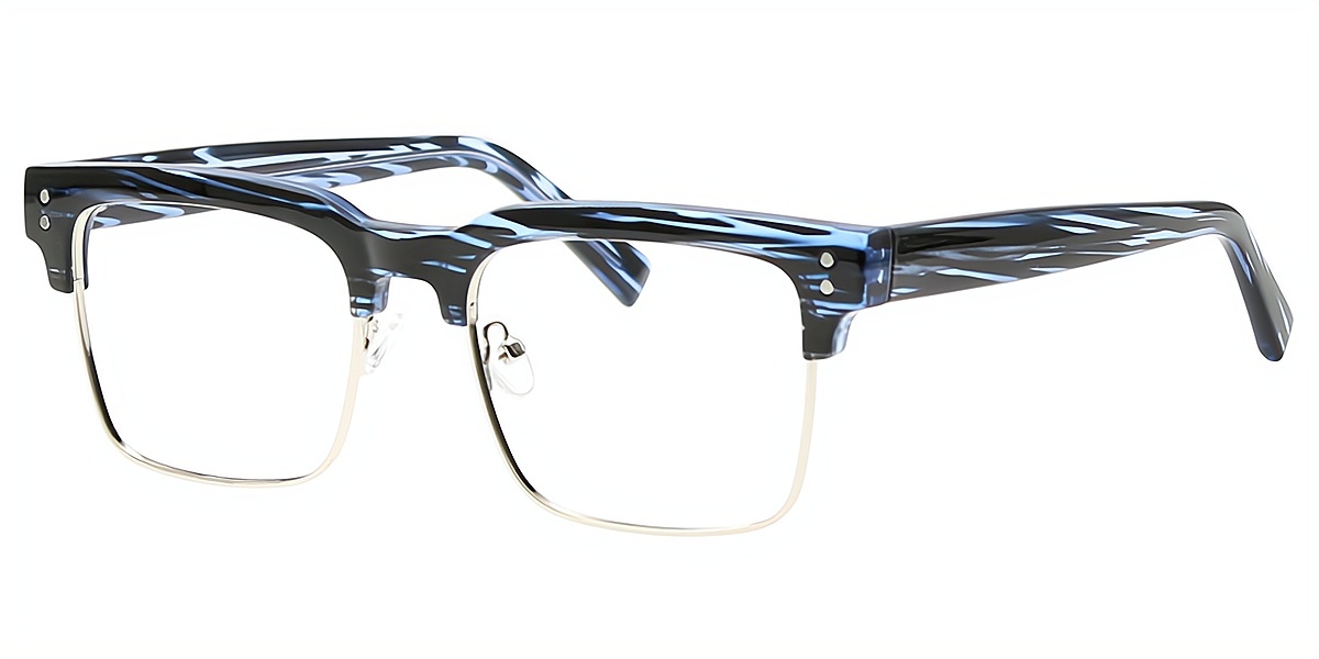 Blue Browline Retro Mixed Materials Eyeglasses