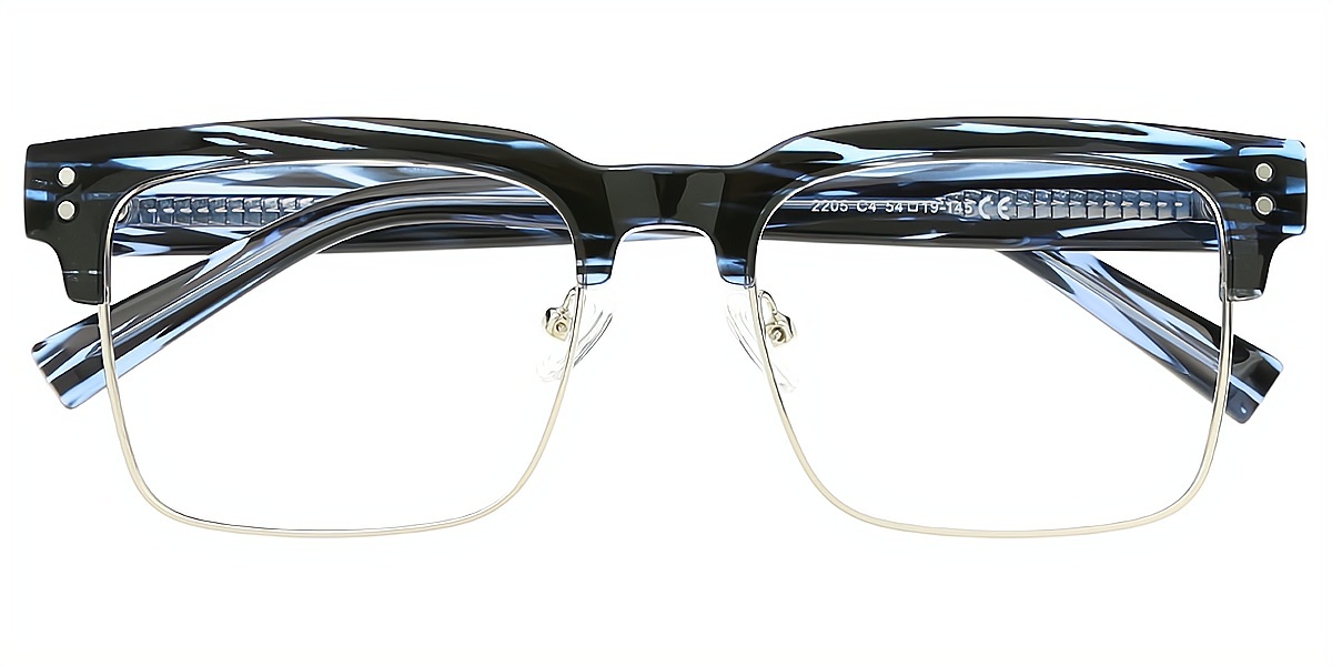 Blue Browline Retro Mixed Materials Eyeglasses