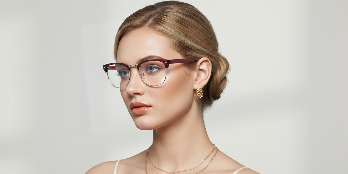 Red Browline Retro Mixed Materials Eyeglasses
