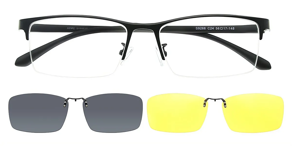 Black Rectangle Classic Sun-clip Mixed Materials Eyeglasses