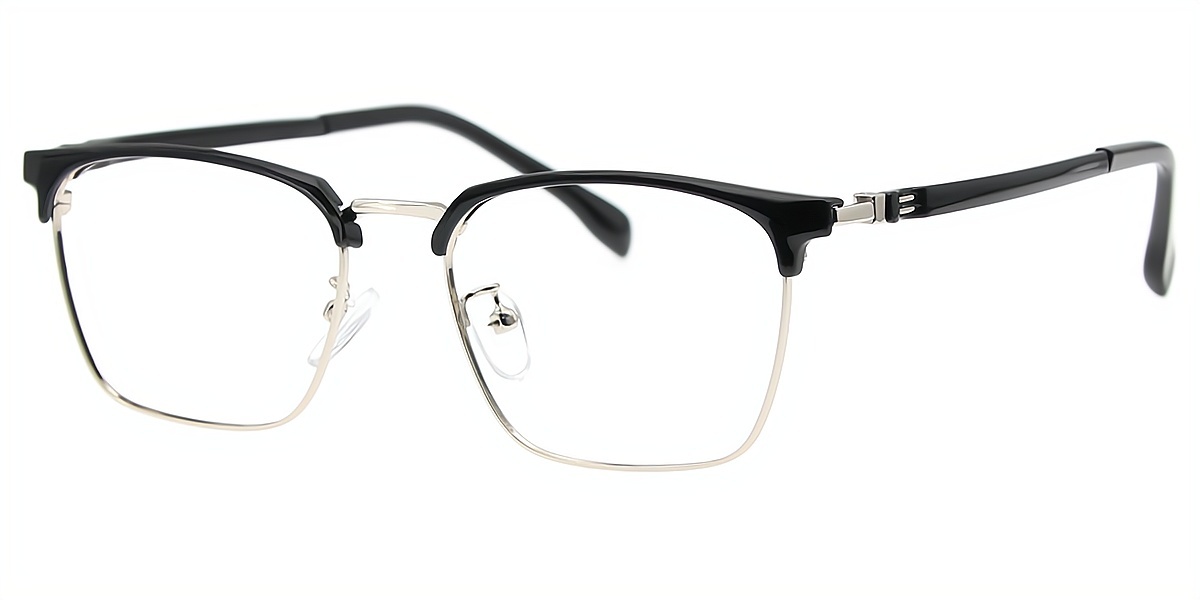 Black Silver Rectangle Classic Mixed Materials Eyeglasses