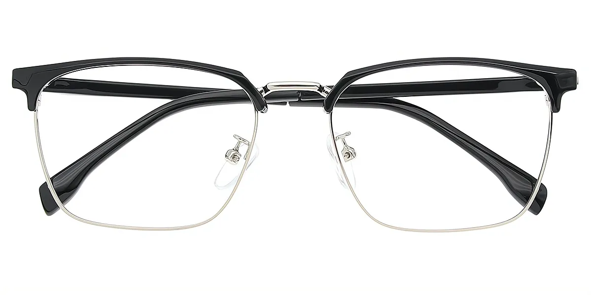 Black Silver Rectangle Classic Mixed Materials Eyeglasses