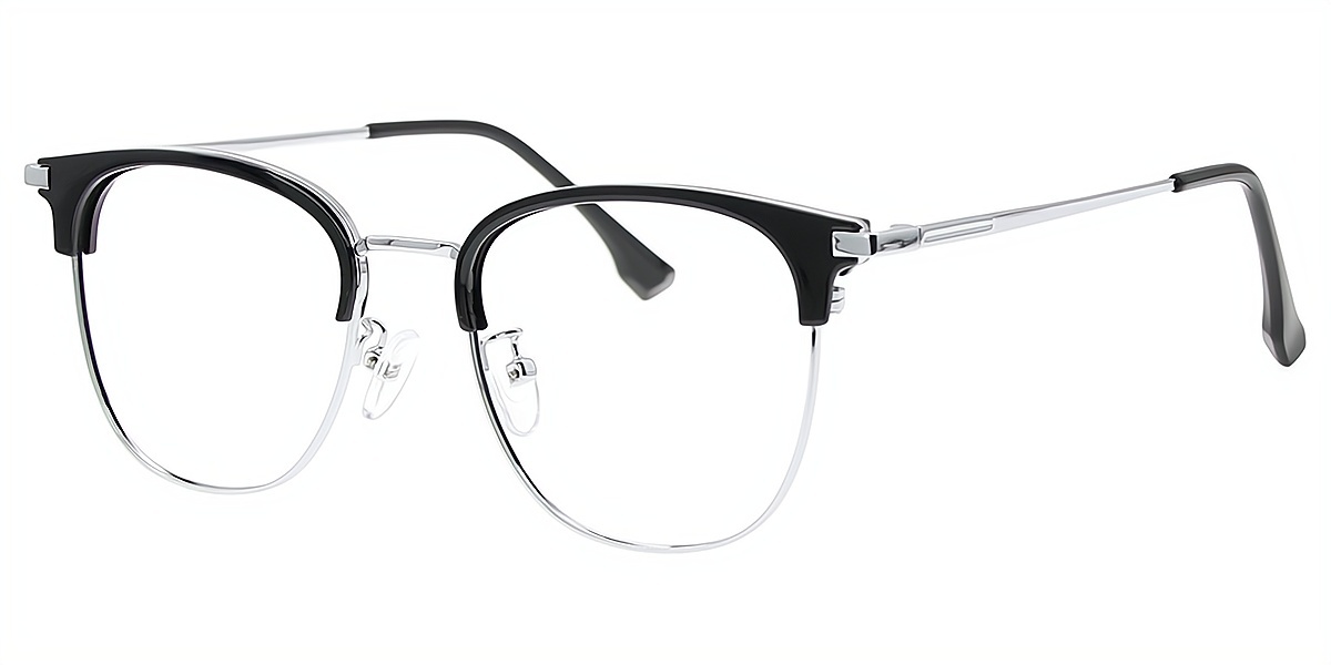 Black Silver Oval Classic Mixed Materials Eyeglasses