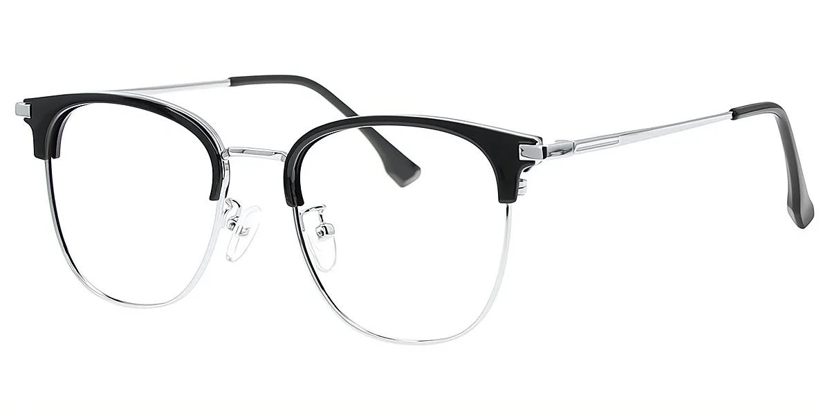 Black Silver Oval Classic Mixed Materials Eyeglasses