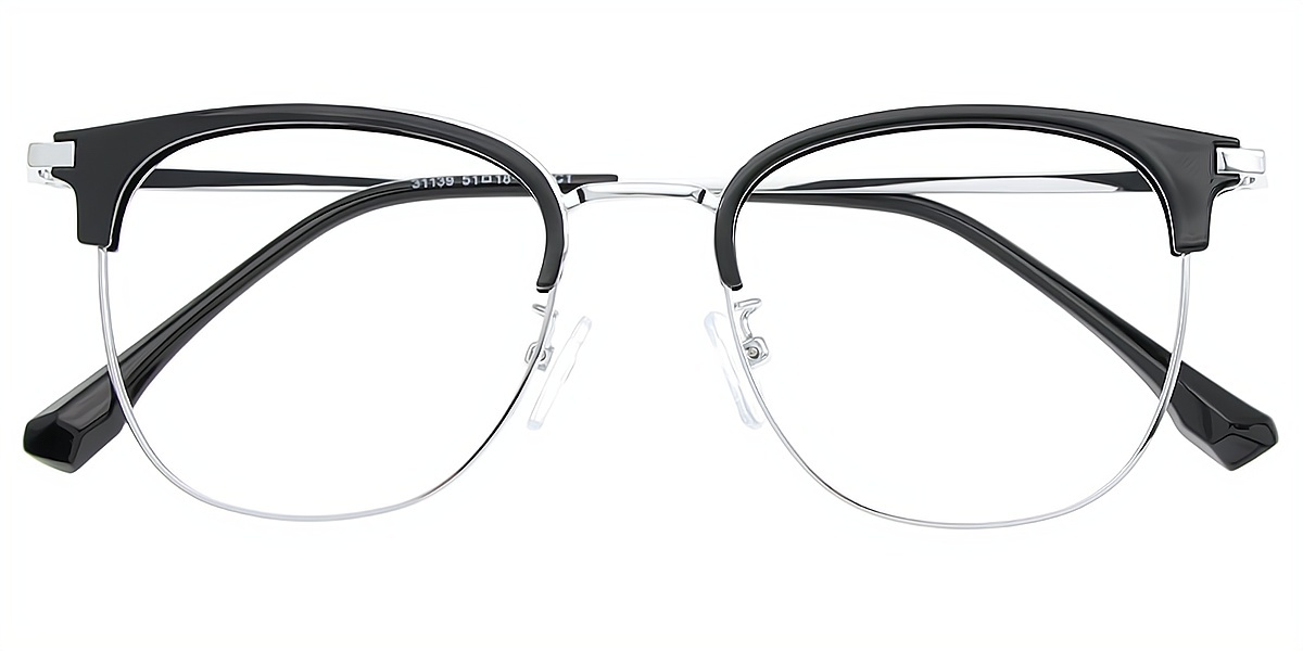 Black Silver Oval Classic Mixed Materials Eyeglasses