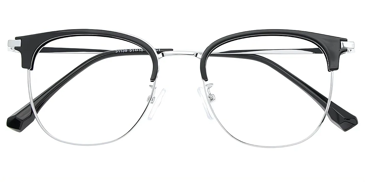 Black Silver Oval Classic Mixed Materials Eyeglasses