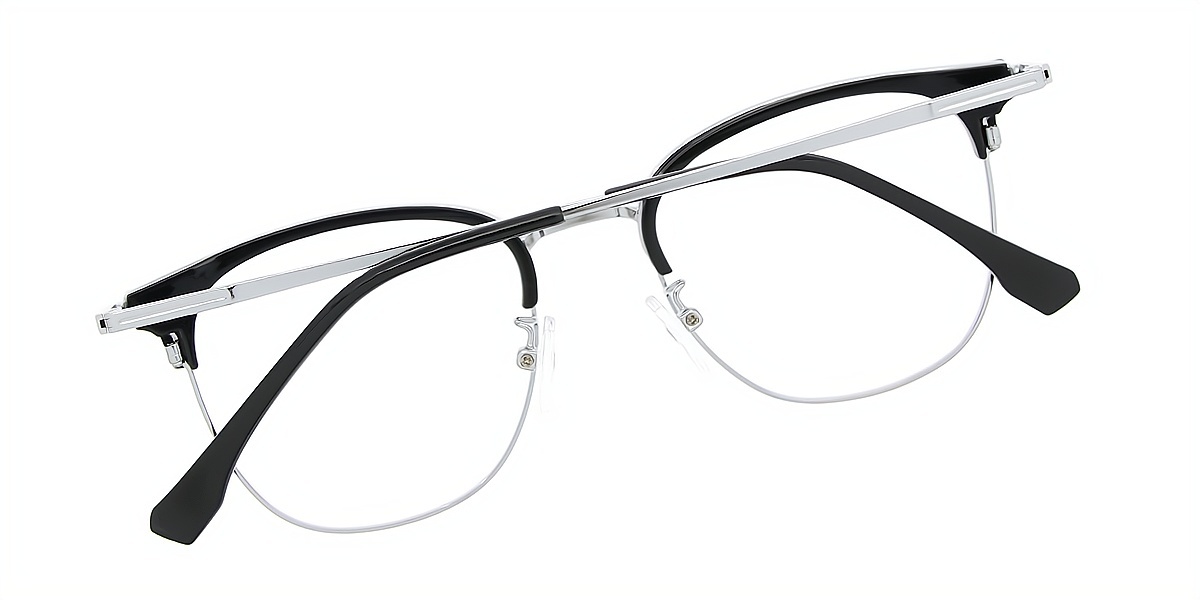Black Silver Oval Classic Mixed Materials Eyeglasses