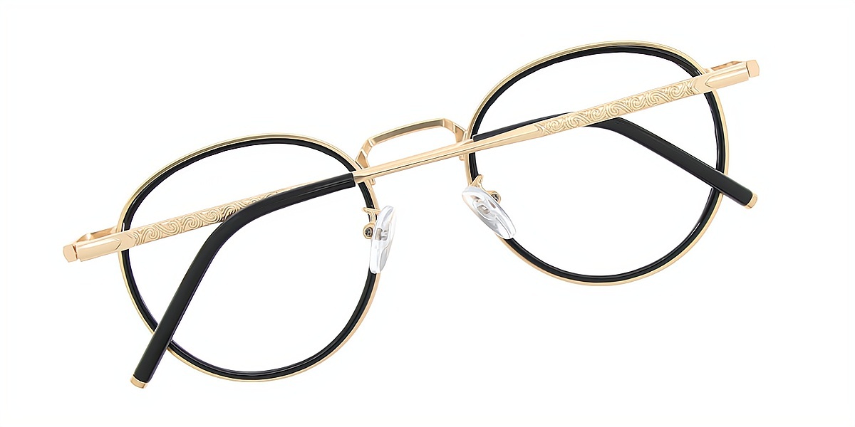Black Round Retro Mixed Materials Eyeglasses