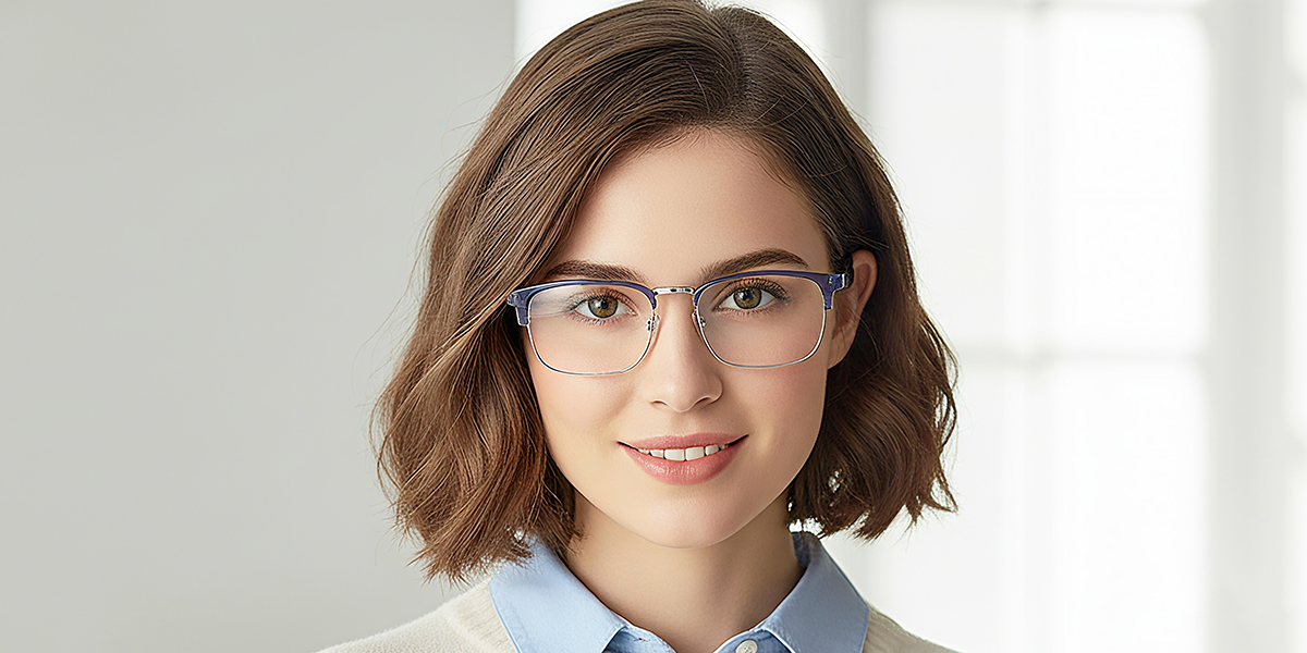 Blue Browline Classic Mixed Materials Eyeglasses