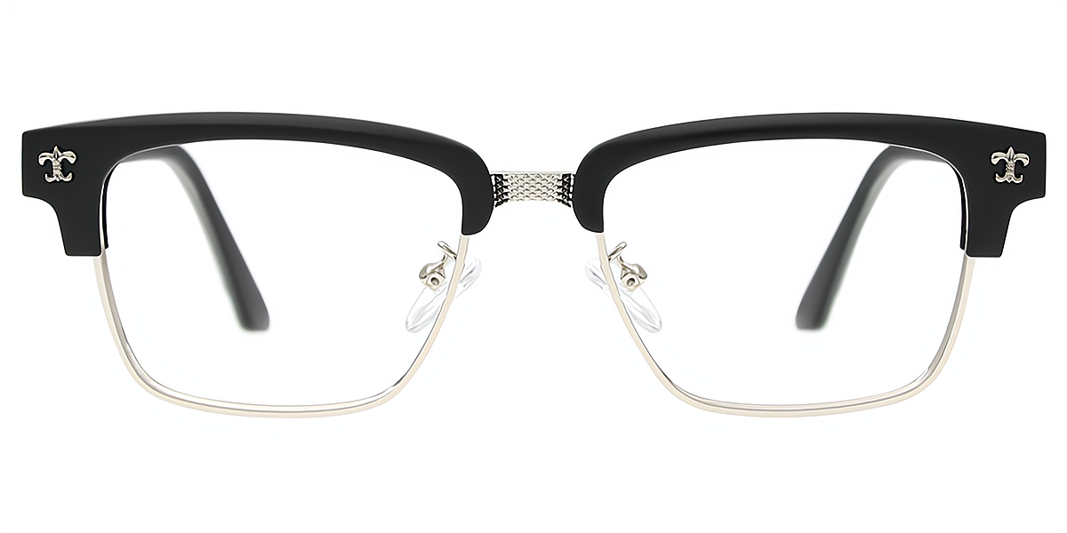 Black Silver Browline Classic Mixed Materials Eyeglasses