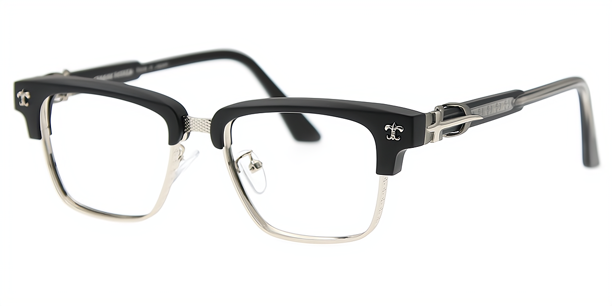 Black Silver Browline Classic Mixed Materials Eyeglasses
