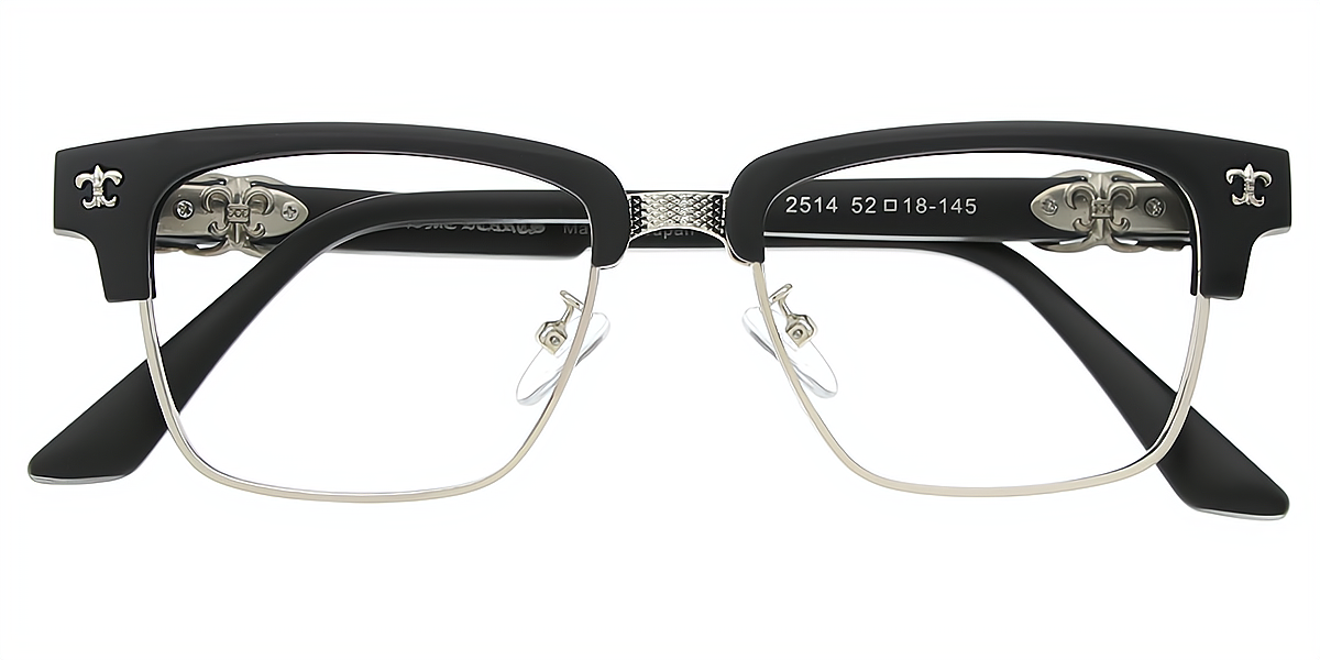 Black Silver Browline Classic Mixed Materials Eyeglasses