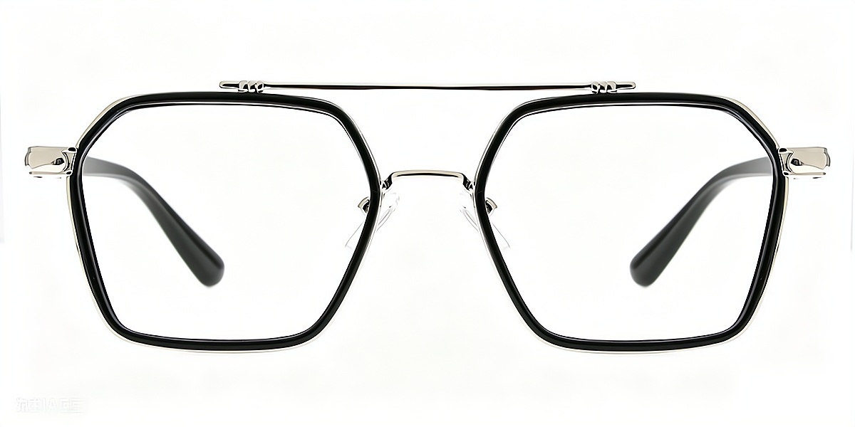 Black Aviator Chic Oversized Mixed Materials Eyeglasses