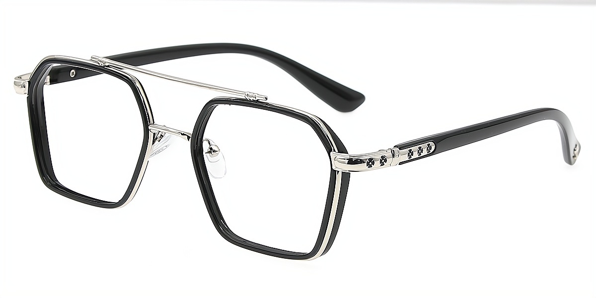 Black Aviator Chic Oversized Mixed Materials Eyeglasses