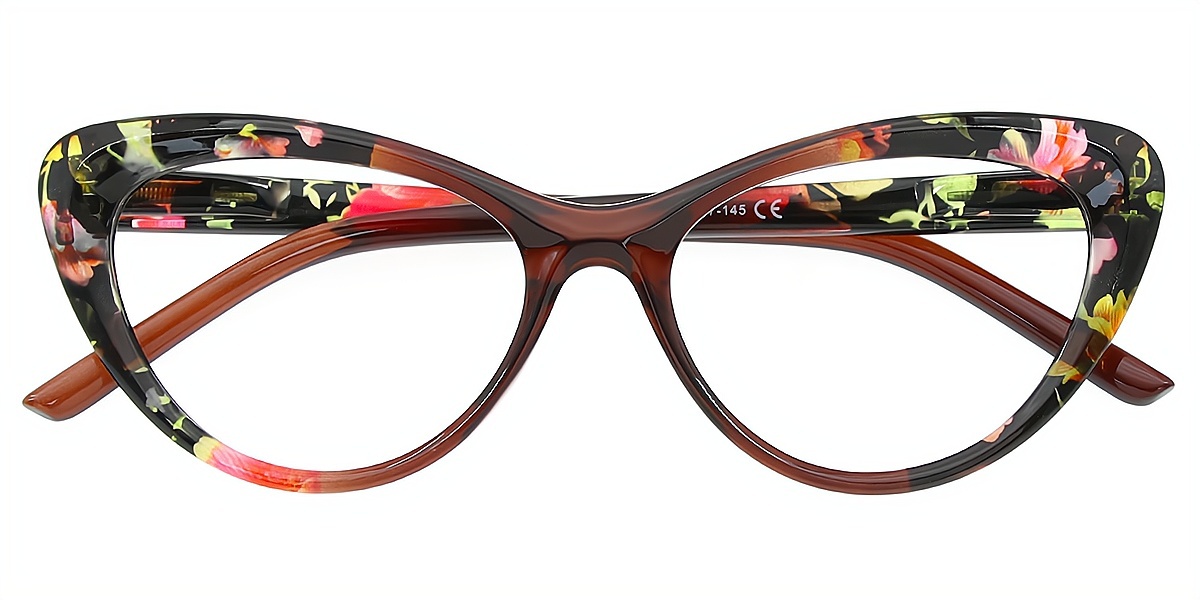 Brown Floral Cat Eye Retro Plastic Eyeglasses