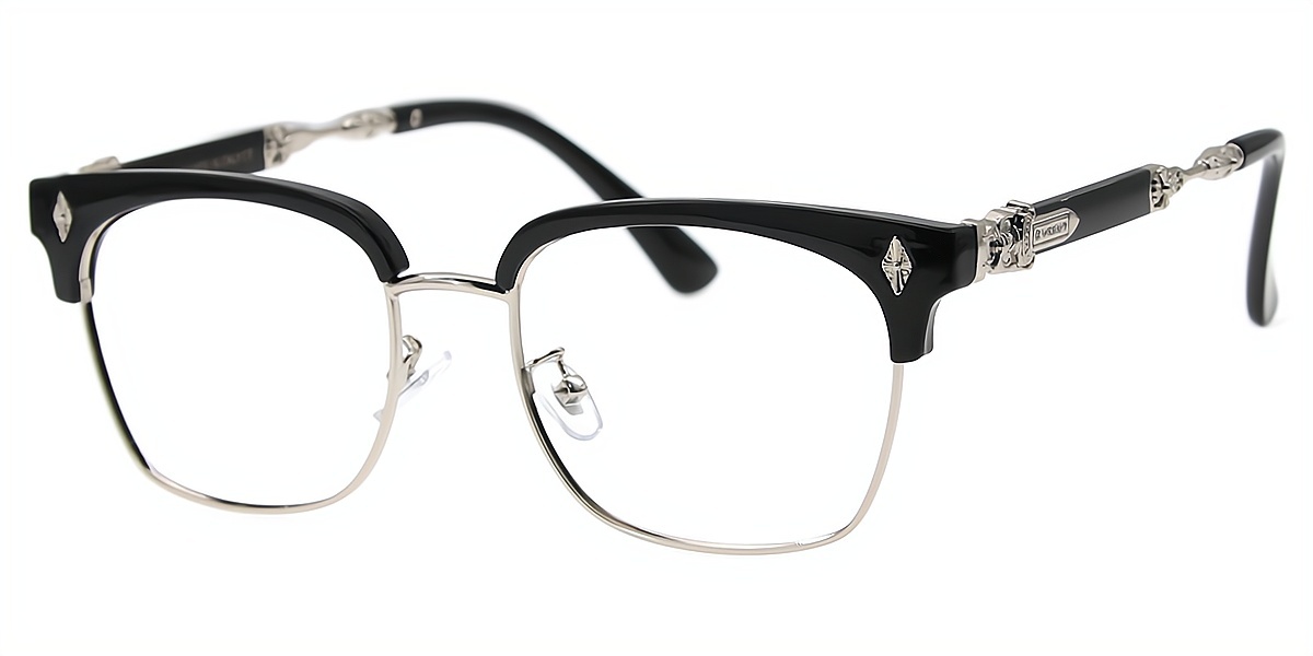 Silver Browline Elaborate Mixed Materials Eyeglasses