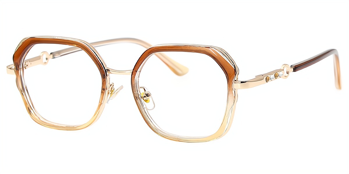 Brown Geometric Elegant Mixed Materials Eyeglasses