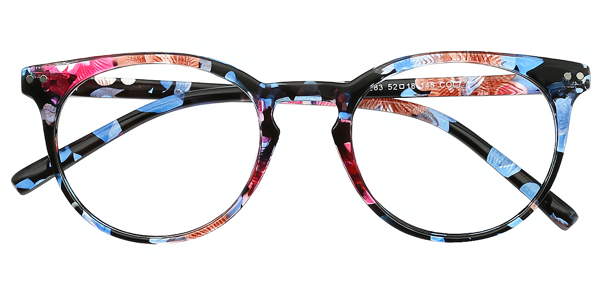 Blue Floral Oval Retro Keyhole Bridge Plastic Eyeglasses