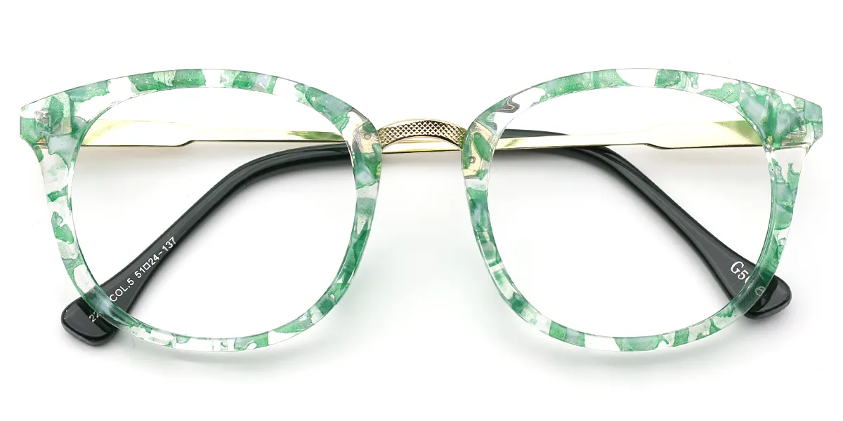Green Floral Rectangle Elegant Mixed Materials Eyeglasses
